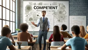 A confident teacher in a modern classroom, engaging with diverse students.