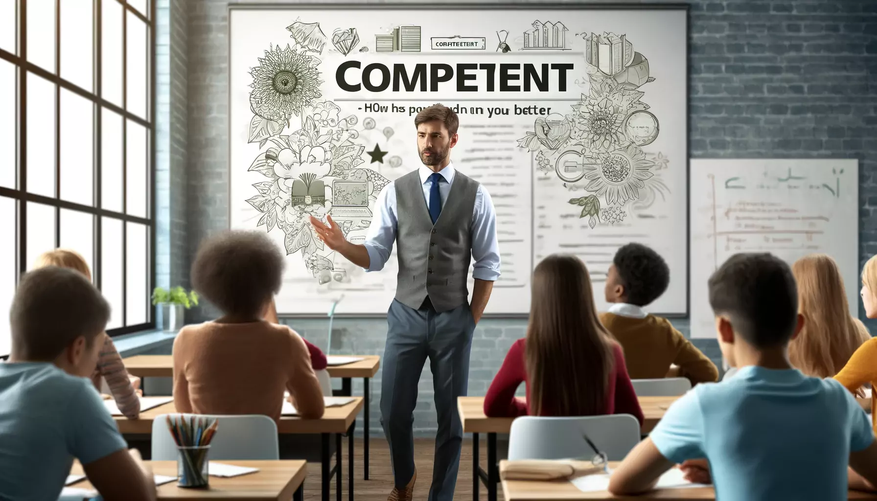 A confident teacher in a modern classroom, engaging with diverse students.