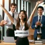 A young professional celebrating a significant achievement in an office setting, surrounded by applauding colleagues.