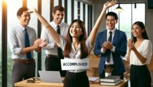 A young professional celebrating a significant achievement in an office setting, surrounded by applauding colleagues.