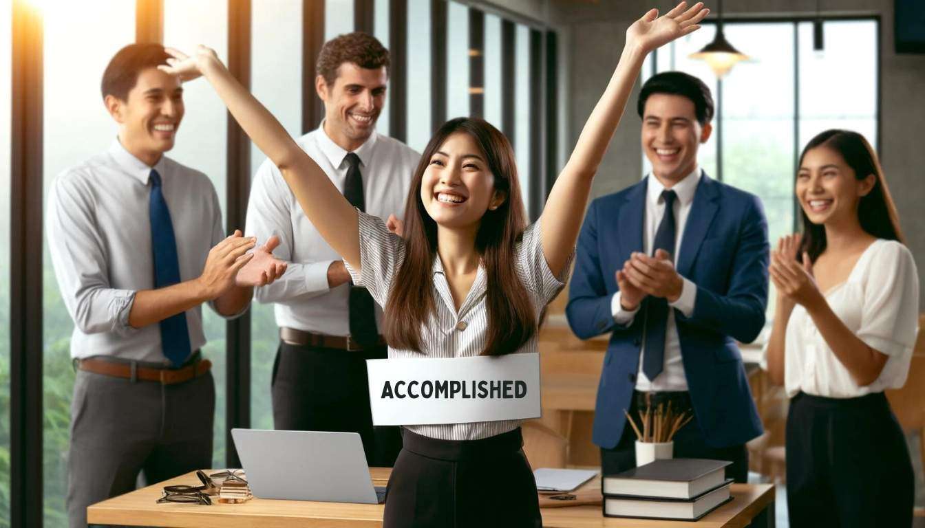 A young professional celebrating a significant achievement in an office setting, surrounded by applauding colleagues.