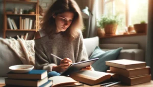 A young woman deeply focused on language learning at home, surrounded by books and a digital tablet