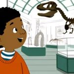 A curious child in a museum, marveling at dinosaur fossils, capturing the excitement of learning