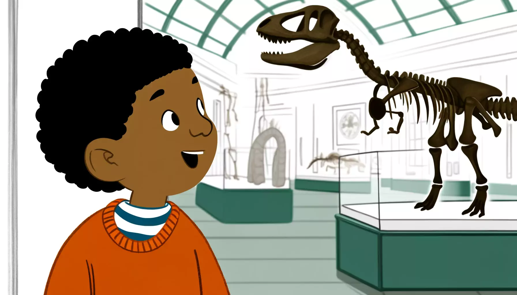 A curious child in a museum, marveling at dinosaur fossils, capturing the excitement of learning