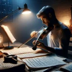 A musician practicing violin in a dimly lit room, illustrating dedication to musical mastery.