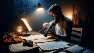 A musician practicing violin in a dimly lit room, illustrating dedication to musical mastery.