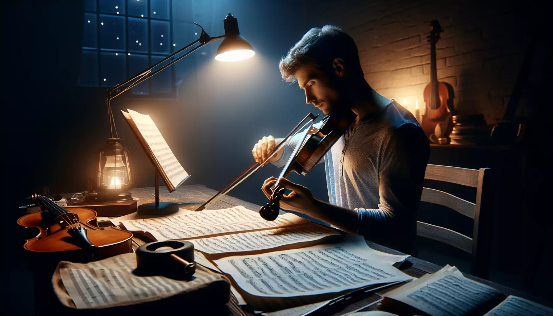 A musician practicing violin in a dimly lit room, illustrating dedication to musical mastery.
