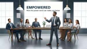 A middle-aged man leading a diverse team in a modern office setting, focusing on empowerment, leadership, and teamwork