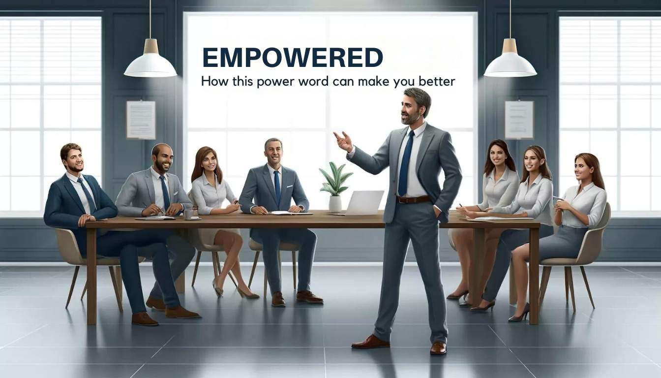 A middle-aged man leading a diverse team in a modern office setting, focusing on empowerment, leadership, and teamwork