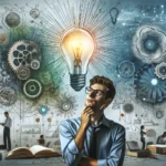A person looking inspired while surrounded by symbols of innovation such as light bulbs, gears, and abstract lines representing ideas. The background (1)