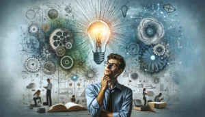 A person looking inspired while surrounded by symbols of innovation such as light bulbs, gears, and abstract lines representing ideas. The background (1)