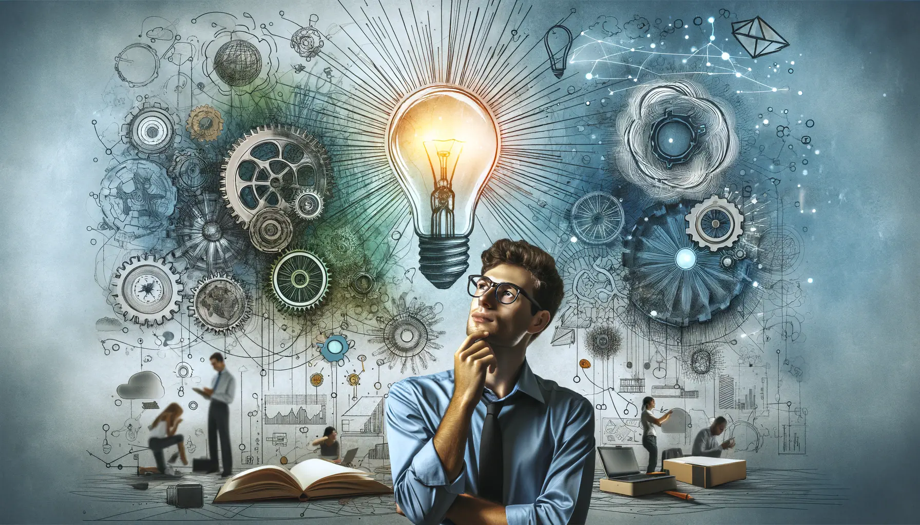 A person looking inspired while surrounded by symbols of innovation such as light bulbs, gears, and abstract lines representing ideas. The background (1)