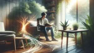 A person reading a book in a serene environment, such as a peaceful garden or a cozy library nook, symbolizing the expansion of vocabulary and knowledge