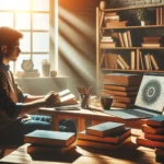 A person sitting at a desk in a cozy, well-lit room, surrounded by books and a laptop, symbolizing the pursuit of knowledge and intellectual independe (1)