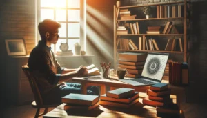 A person sitting at a desk in a cozy, well-lit room, surrounded by books and a laptop, symbolizing the pursuit of knowledge and intellectual independe (1)