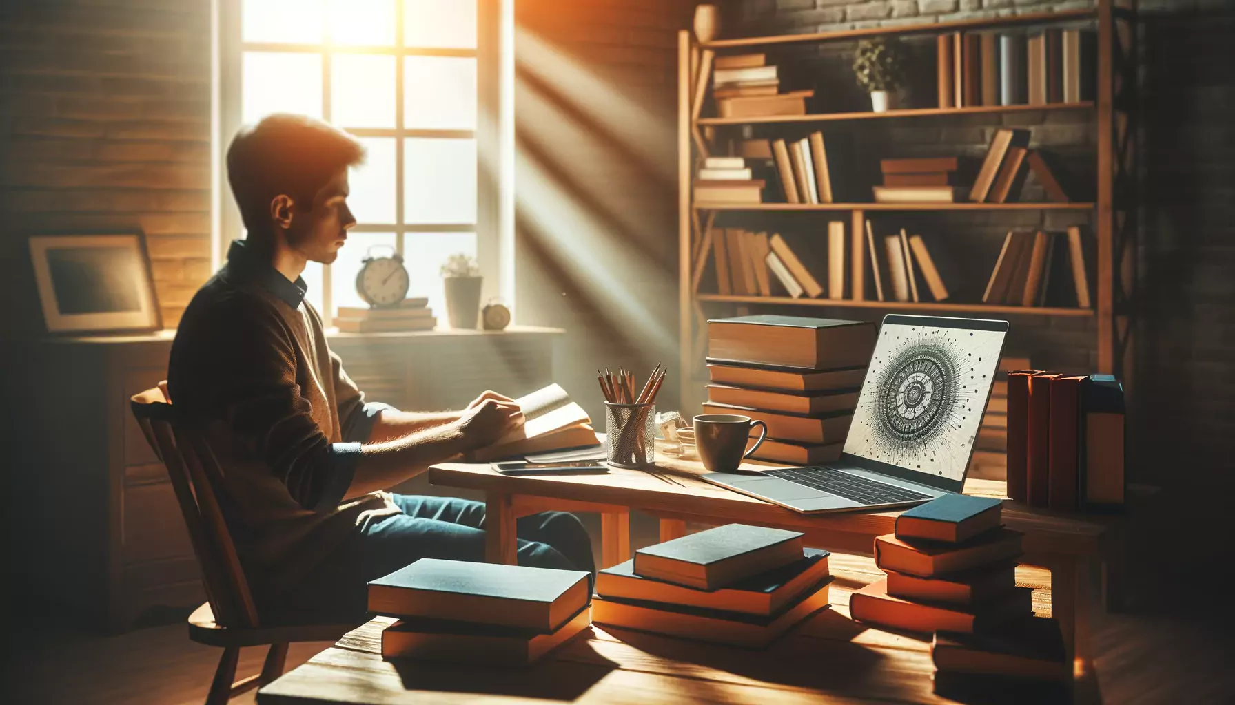 A person sitting at a desk in a cozy, well-lit room, surrounded by books and a laptop, symbolizing the pursuit of knowledge and intellectual independe (1)