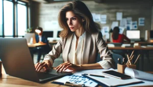 a focused professional woman working diligently in a modern office
