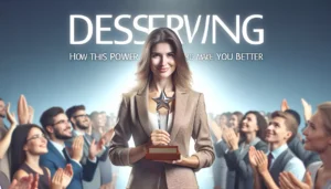 woman standing confidently on stage, receiving an award for her achievements while an audience applauds, symbolizing recognition and self-worth (1)