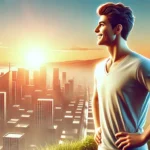 A person standing on a hilltop at sunrise, looking out over a cityscape with a smile and confident posture, symbolizing real-life optimism and positivity