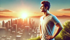 A person standing on a hilltop at sunrise, looking out over a cityscape with a smile and confident posture, symbolizing real-life optimism and positivity