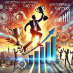 Dynamic scene of an unstoppable person in action, with elements of success and a vibrant cityscape at sunset