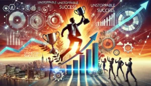 Dynamic scene of an unstoppable person in action, with elements of success and a vibrant cityscape at sunset