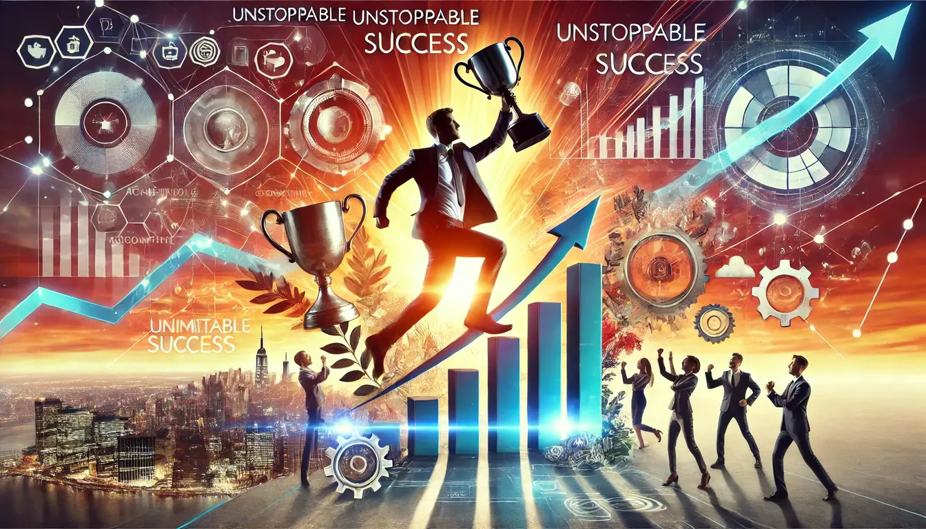 Dynamic scene of an unstoppable person in action, with elements of success and a vibrant cityscape at sunset