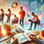 Dynamic scene representing 'smart living' with people engaging in reading, using laptops, planning, analyzing financial charts, and networking in a modern environment