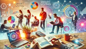 Dynamic scene representing 'smart living' with people engaging in reading, using laptops, planning, analyzing financial charts, and networking in a modern environment