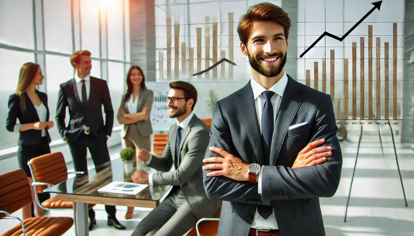 Confident professional in an office, highlighting career success and worthiness.