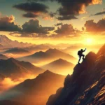 a determined person climbing a steep mountain during sunrise, symbolizing unwavering determintion