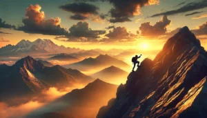 a determined person climbing a steep mountain during sunrise, symbolizing unwavering determintion