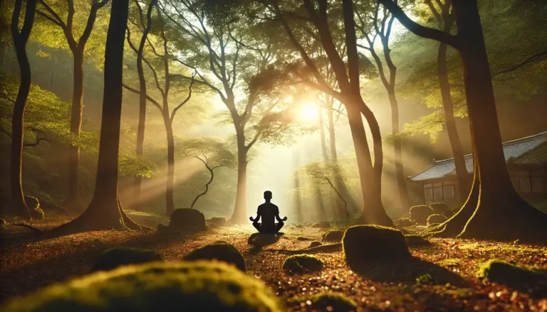 Person meditating in forest at sunrise, symbolizing peace and awareness