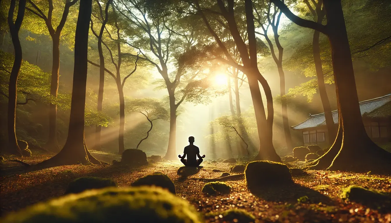 Person meditating in forest at sunrise, symbolizing peace and awareness