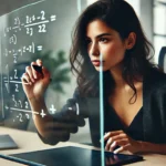 a young woman, at a desk in a modern, well-lit office, deeply focused on writing