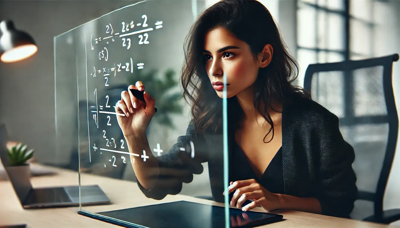 a young woman, at a desk in a modern, well-lit office, deeply focused on writing