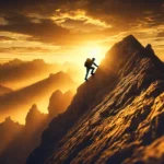 image of a person climbing a steep mountain alone at sunrise, symbolizing determination and perseverance.
