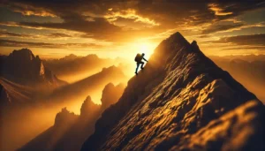 image of a person climbing a steep mountain alone at sunrise, symbolizing determination and perseverance.