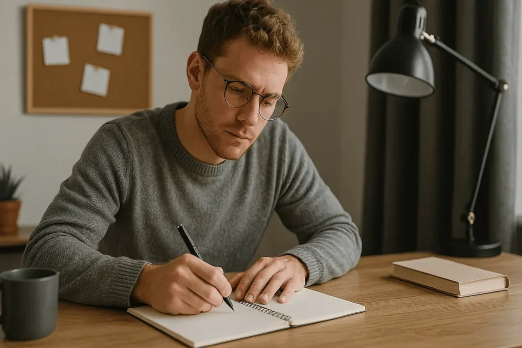 Man using imagination while journaling