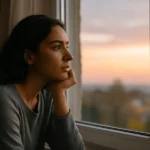 Woman by window imagining possibilities