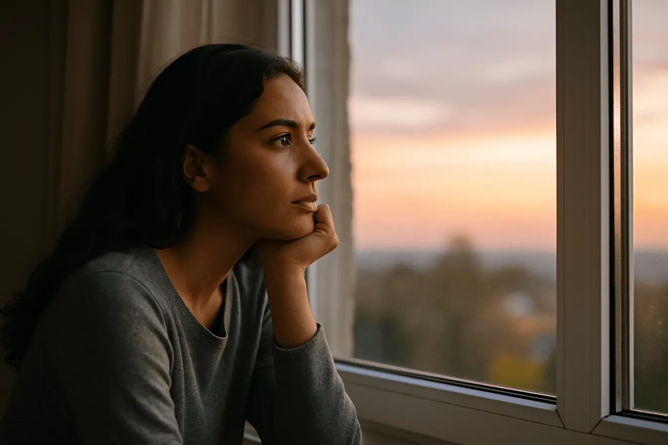 Woman by window imagining possibilities