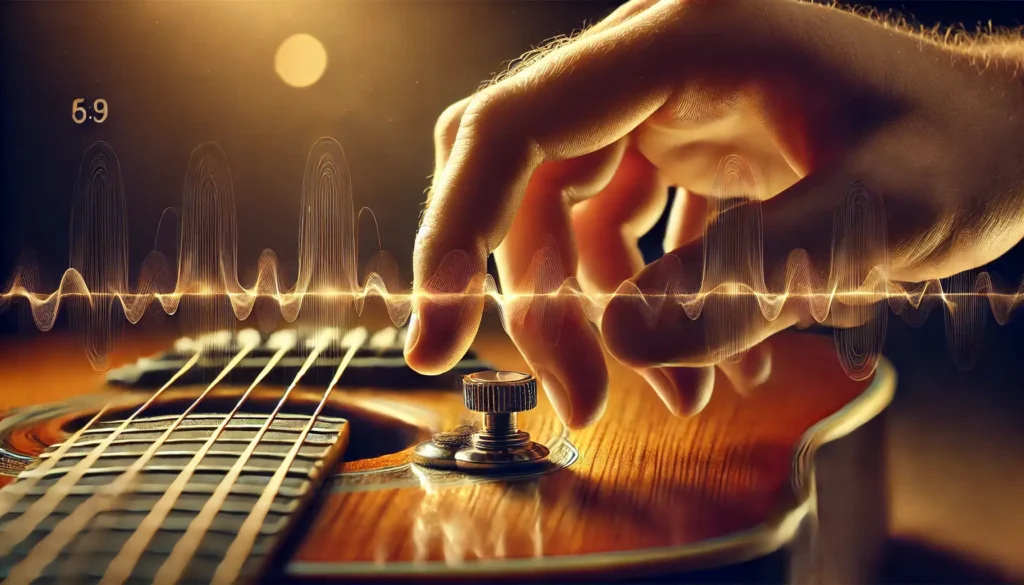 A close-up image of a hand tuning a guitar string, with visible sound waves representing and showing what "resonate" means