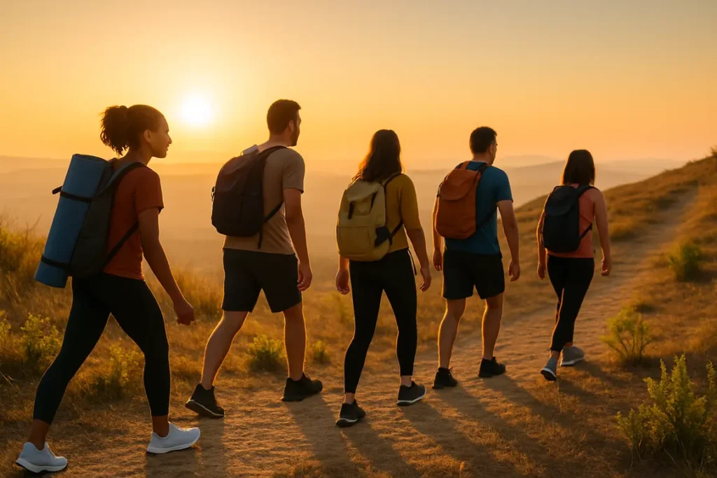 A group of prepared individuals walking uphill at sunrise, symbolizing growth, unity, and the journey toward success