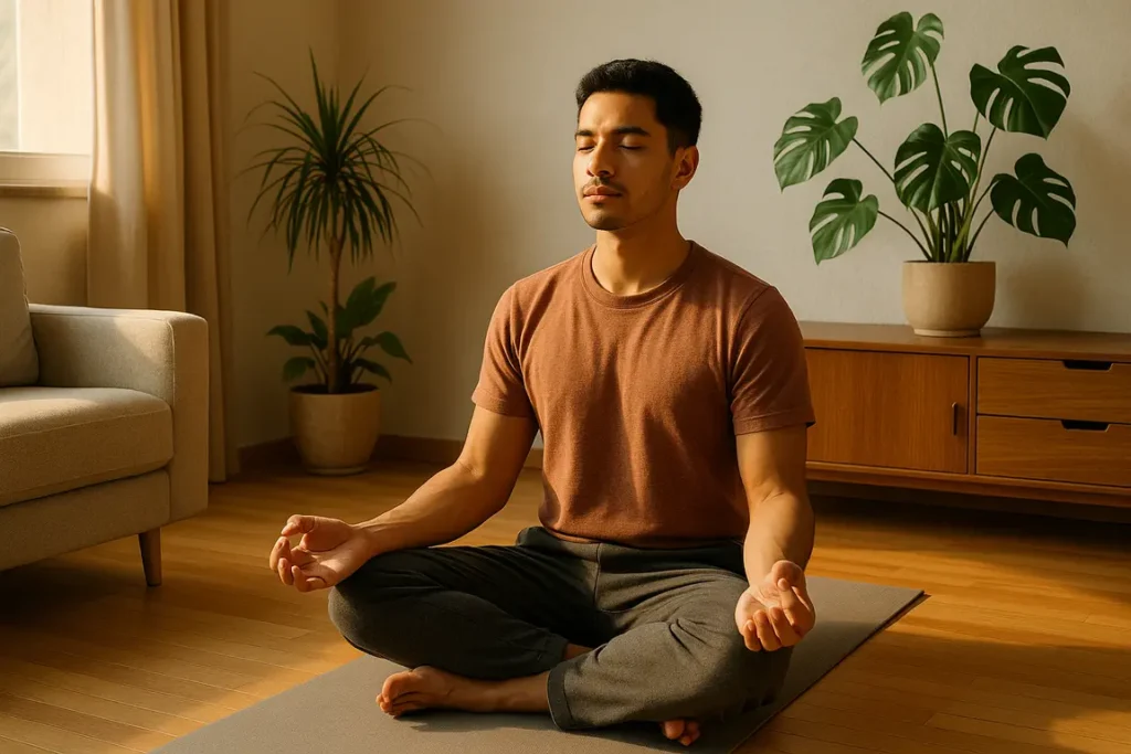 A person meditating in a peaceful room with sunlight and plants, representing emotional balance and being prepared
