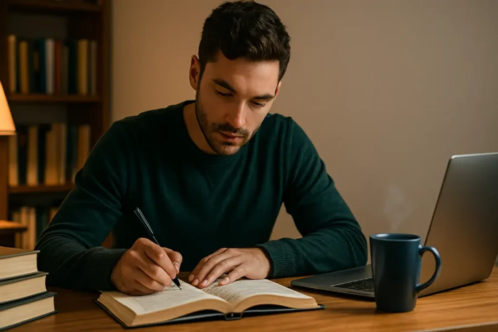 A person reading a book and taking notes at a cozy desk, reflecting intellectual preparation and focus