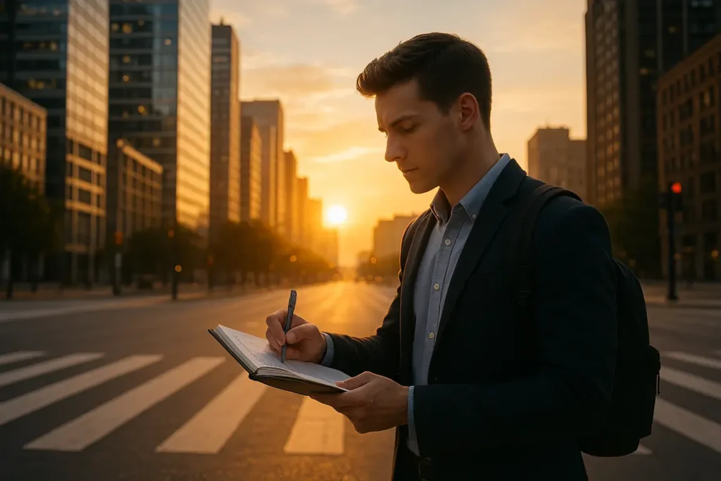 A prepared individual confidently reviewing goals at sunrise, standing at a city crossroads ready to face the day
