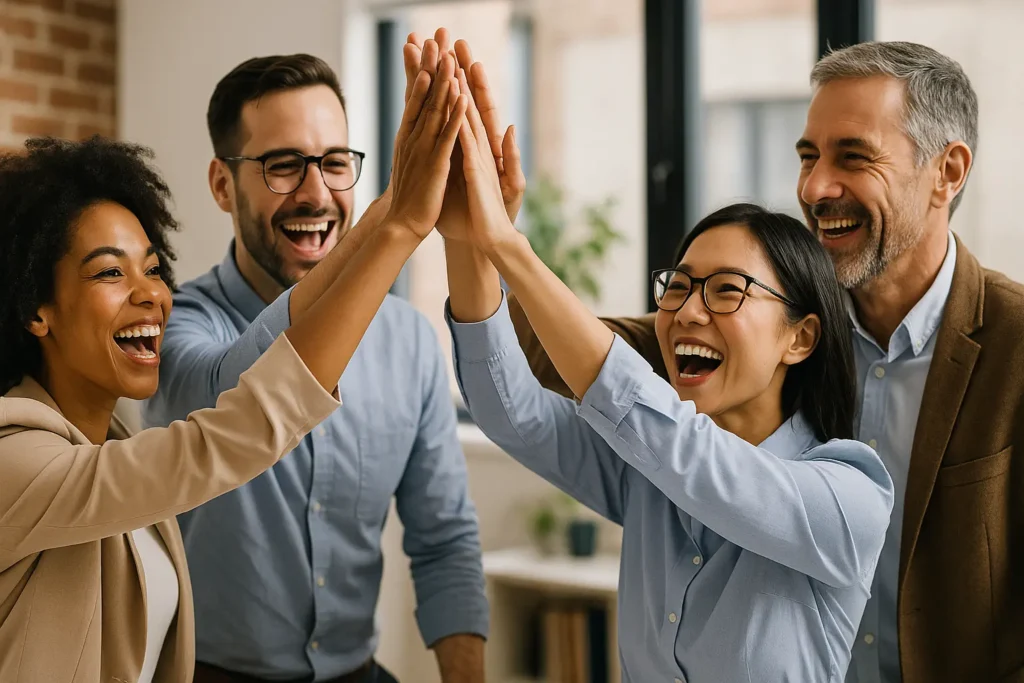 A resolute team celebrating success after overcoming challenges with commitment and teamwork