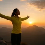 A resolute woman embracing a new day from a mountaintop, symbolizing inner strength and purpose