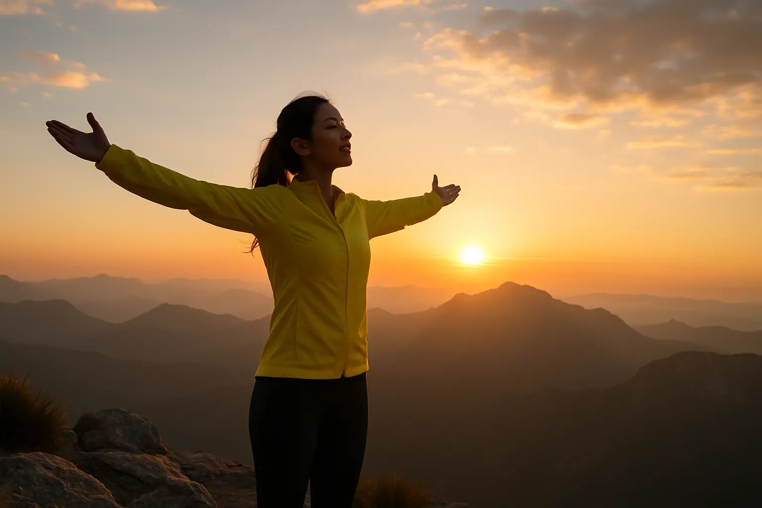 A resolute woman embracing a new day from a mountaintop, symbolizing inner strength and purpose