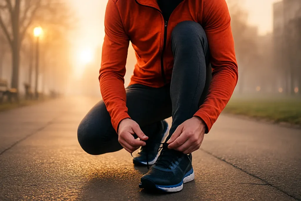 An active person tying shoelaces at dawn, ready to exercise, capturing the spirit of physical preparedness